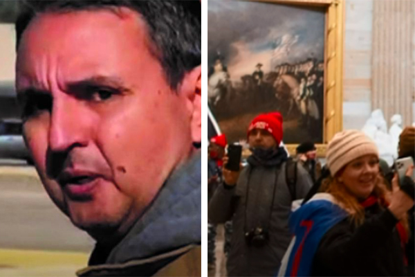 Montagem mostra, à esquerda, Eliel sério, encarando câmera; à direita, Eliel dentro do Capitólio dos EUA, filmando o local, ele usa roupa de frio e touca