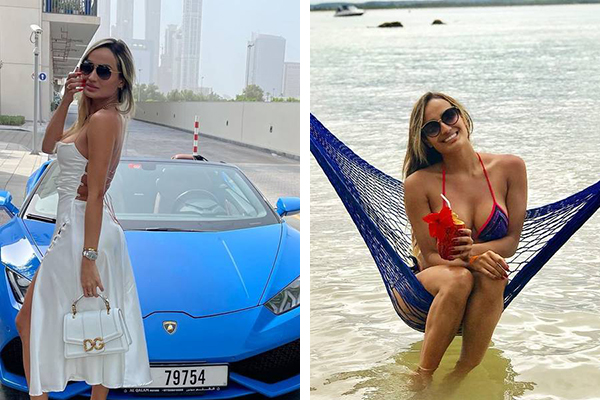 Imagem mostra duas montagens: Laís aparece de frente a carro de luxo, usando vestido e segurando bolsa e Laís aparece sentada em rede, com óculos de sol e biquíni, na praia