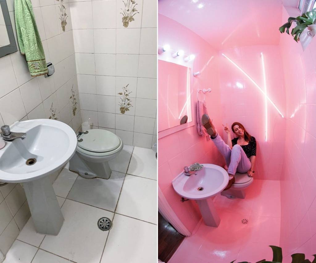 imagem dividida em duas: à esquerda, banheiro de maddu magalhães antes da reforma, à direita, maddu em seu banheiro após a reforma posando para a foto; há neons rosas na parede do banheiro