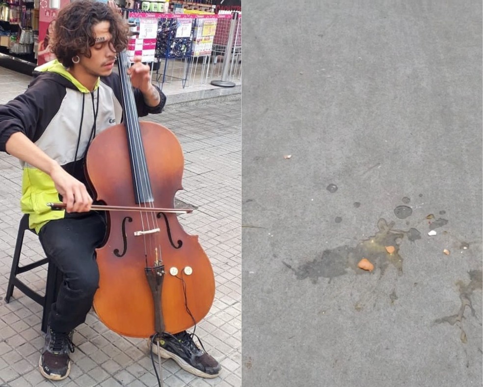 Imagem dupla: de um lado, o música tocando violoncelo. Do outro, ovos no chão.