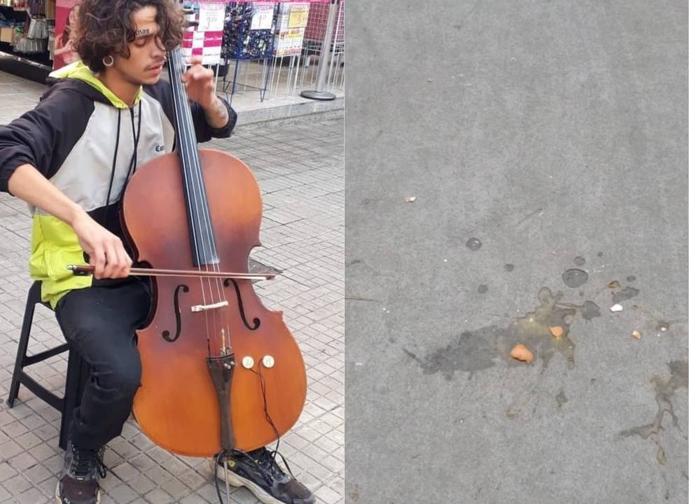 Imagem dupla: de um lado, o música tocando violoncelo. Do outro, ovos no chão.