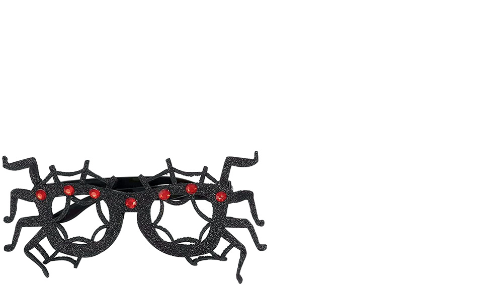Um óculos com formato de patas de aranha e detalhes em vermelho