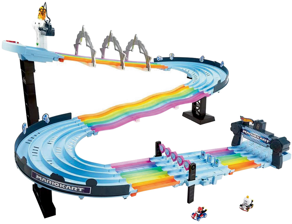 Um brinquedo de uma pista de carrinhos grande, em azul claro com detalhes em arco-íris