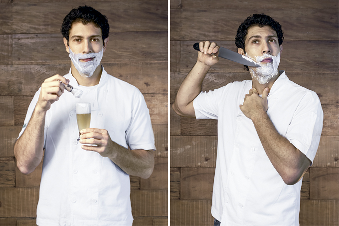 Duas fotos do chef Rodrigo Oliveira unidas por linha fina branca.