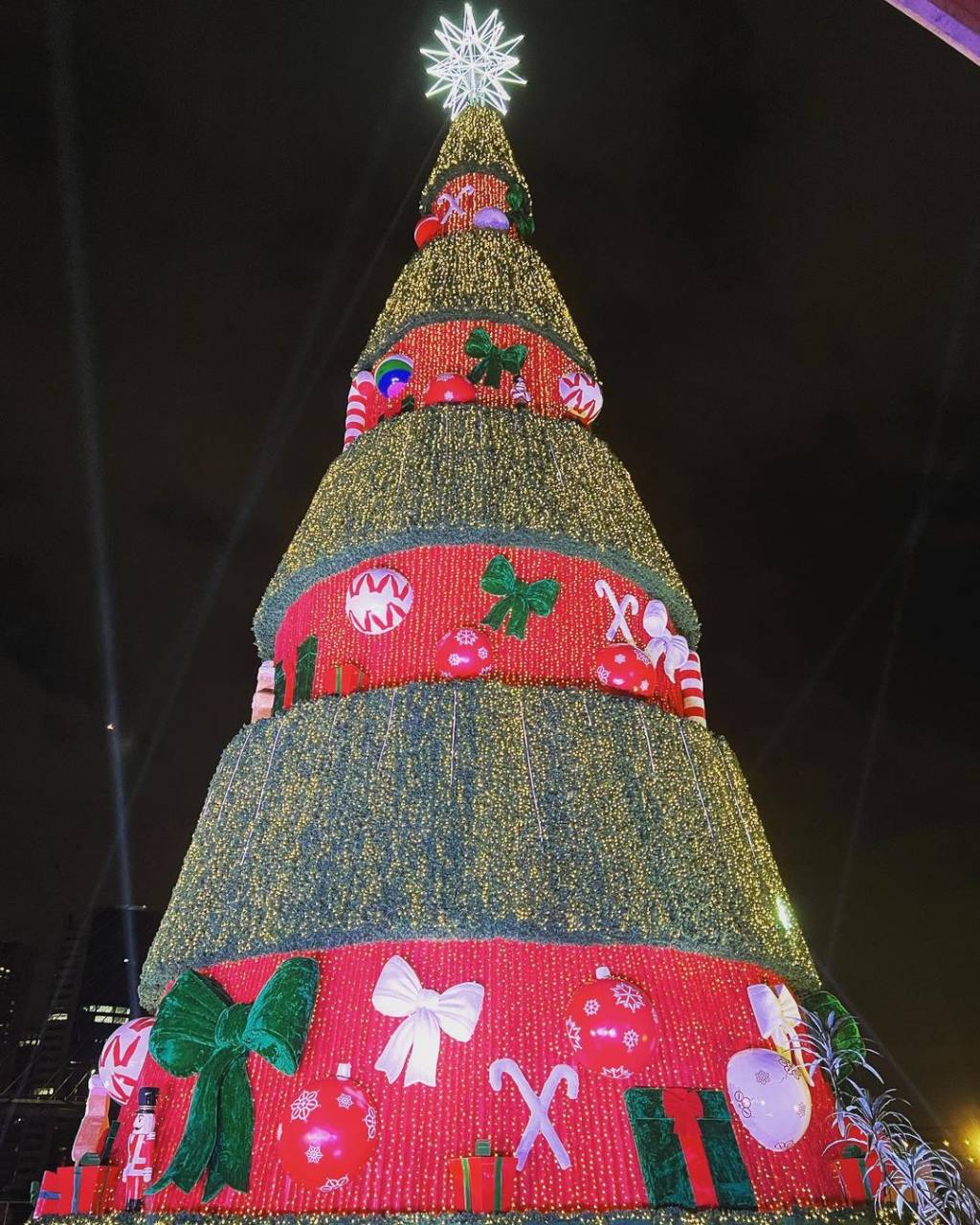 Nova árvore de Natal em São Paulo: faixas em vermelho, enfeites e lâmpadas brilhantes da cor amarela