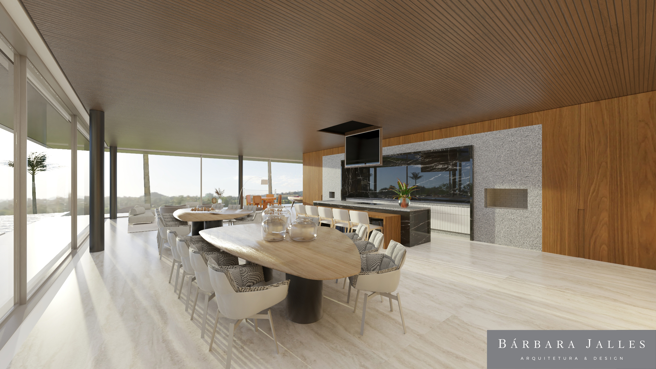 Imagem 3D de projeto de casa de campo exibe sala aberta de pé-direito alto com alguns móveis de cor clara e mesa oval no centro.
