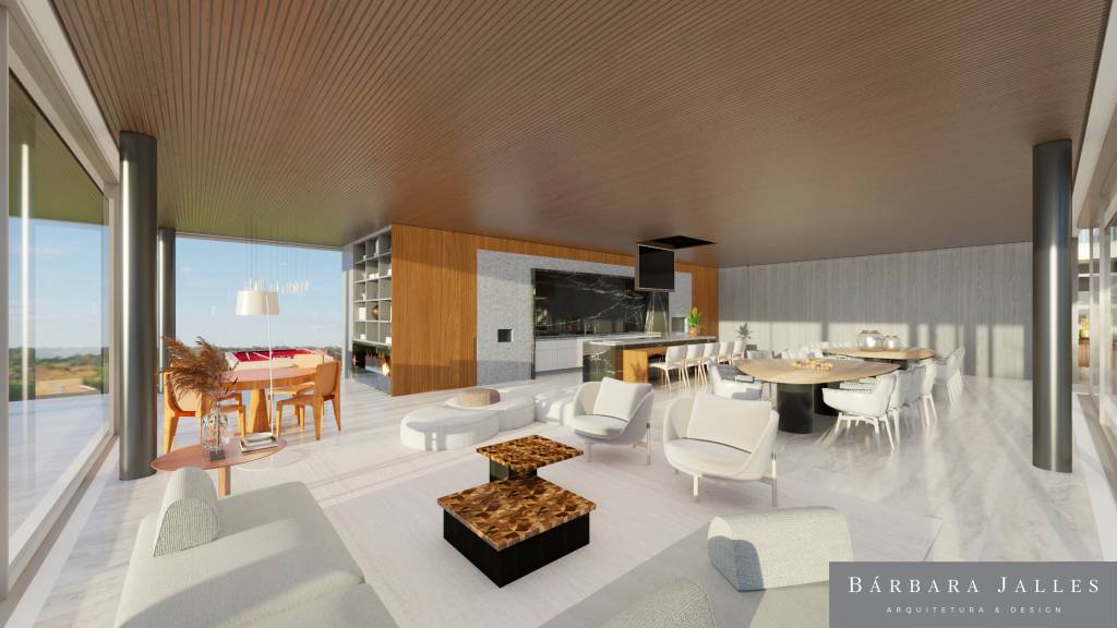 Imagem 3D de projeto de casa de campo exibe sala aberta de pé-direito alto com alguns móveis de cor clara.