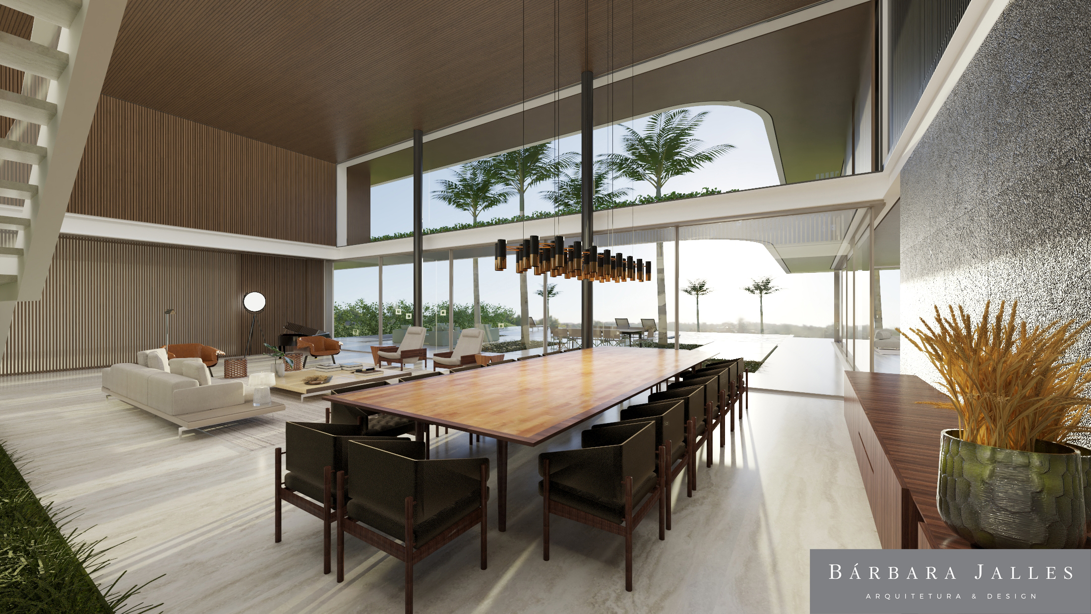 Imagem 3D de projeto de casa de campo exibe grande mesa de jantar e área envidraçada com árvores altas na entrada.