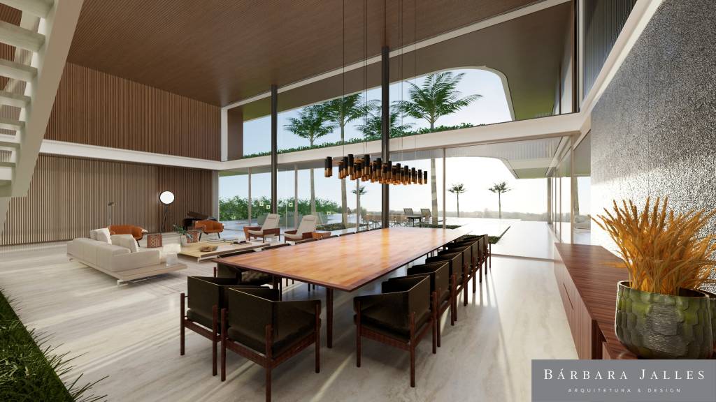Imagem 3D de projeto de casa de campo exibe grande mesa de jantar e área envidraçada com árvores altas na entrada.