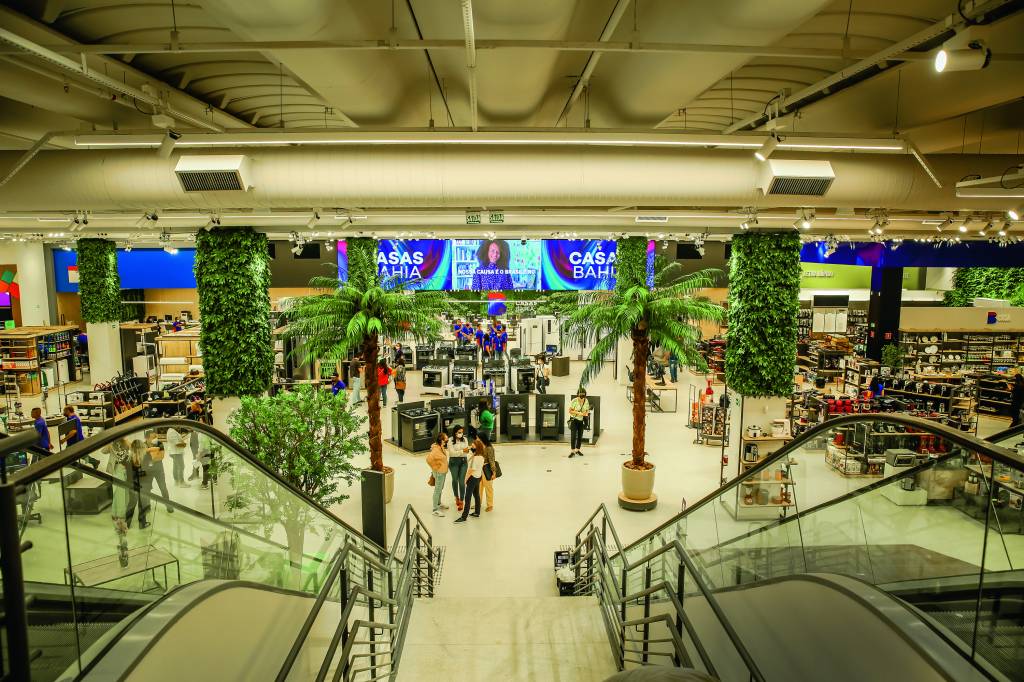 Foto tirada de cima de uma escada, mostrando todo interior da loja. Duas palmeiras ao centro e diversos estandes de produtos em volta.