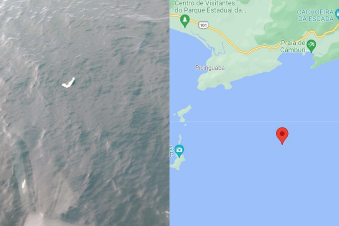 A imagem mostra um objeto em meio a mar aberto; outra imagem mostra a localização de onde o avião caiu