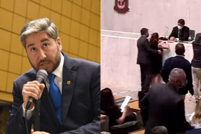 Duas imagens, uma ao lado da outra: na esquerda, um homem de terno e cabelo grisalho fala em um microfone. Na direita, um homem tocando os seios de uma mulher por trás, em meio a uma Assembleia.