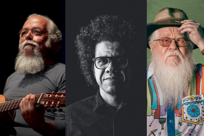 Três imagens, uma ao lado da outra, de três homens: à esquerda, de cabelos brancos e segurando um violão. Ao centro, em preto e branco e de óculos. À direita, de barba branca longa e camisa colorida.