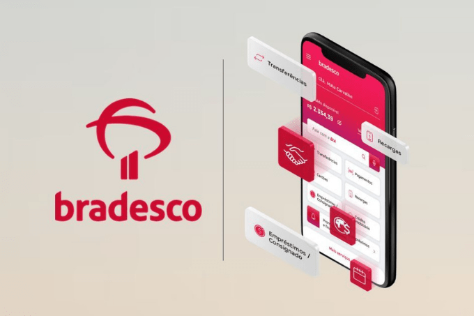 Imagem mostra logo do Bradesco à esquerda e desenho de celular com aplicativo do banco na tela.