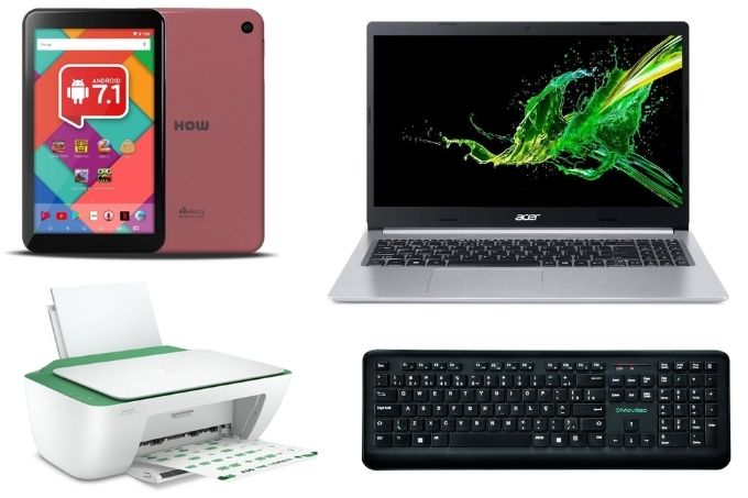 Uma montagem com um tablet, um notebook, um teclado e uma impressora