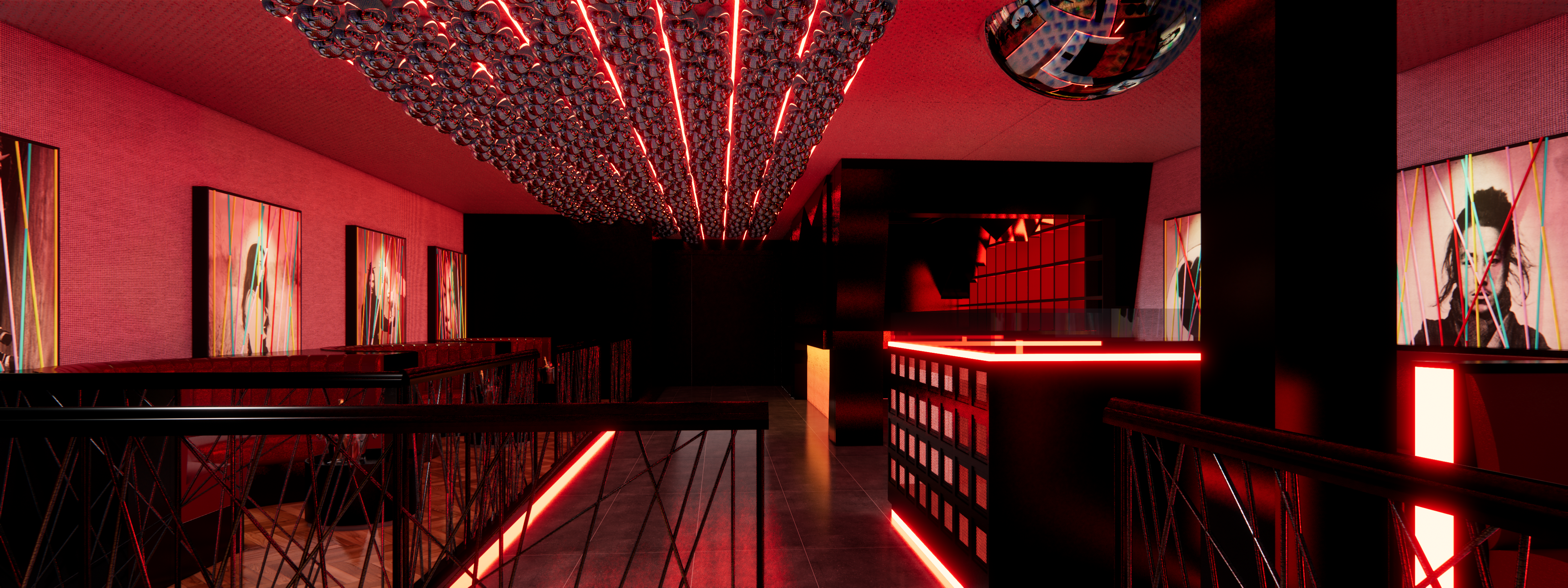 Projeção 3D exibe bar com balcão e mesas em iluminação vermelha.