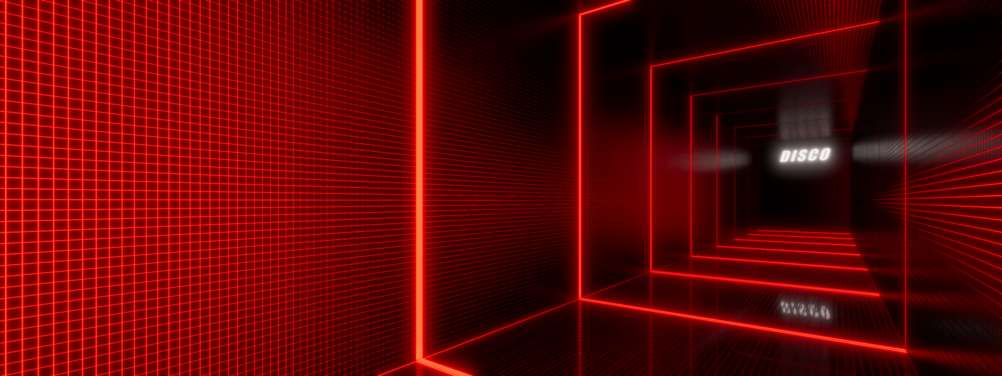 Projeção 3D exibe corredor com iluminação vermelha.