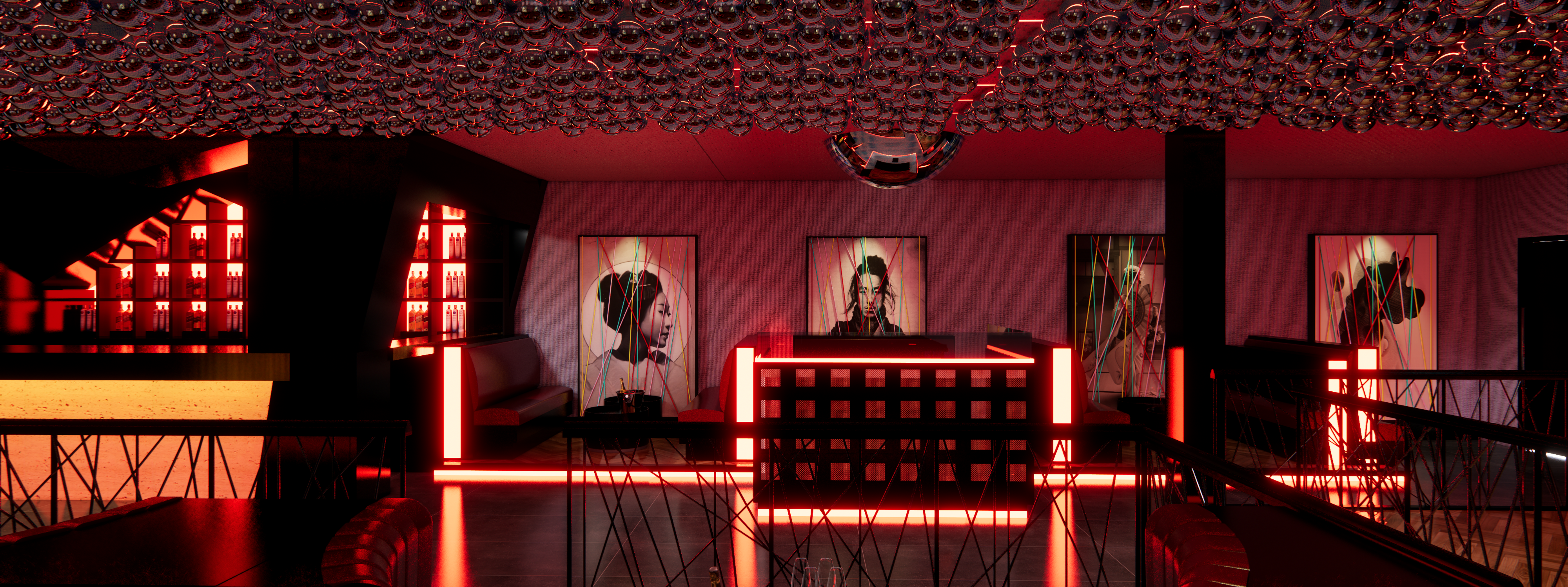 Projeção 3D exibe pista de dança com quadros ao fundo e iluminação vermelha.