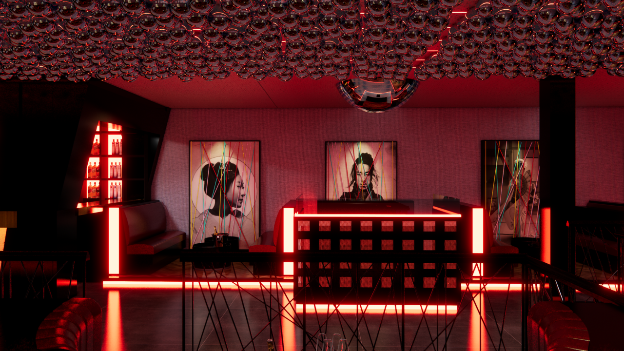 Projeção 3D exibe pista de dança com quadros ao fundo e iluminação vermelha.