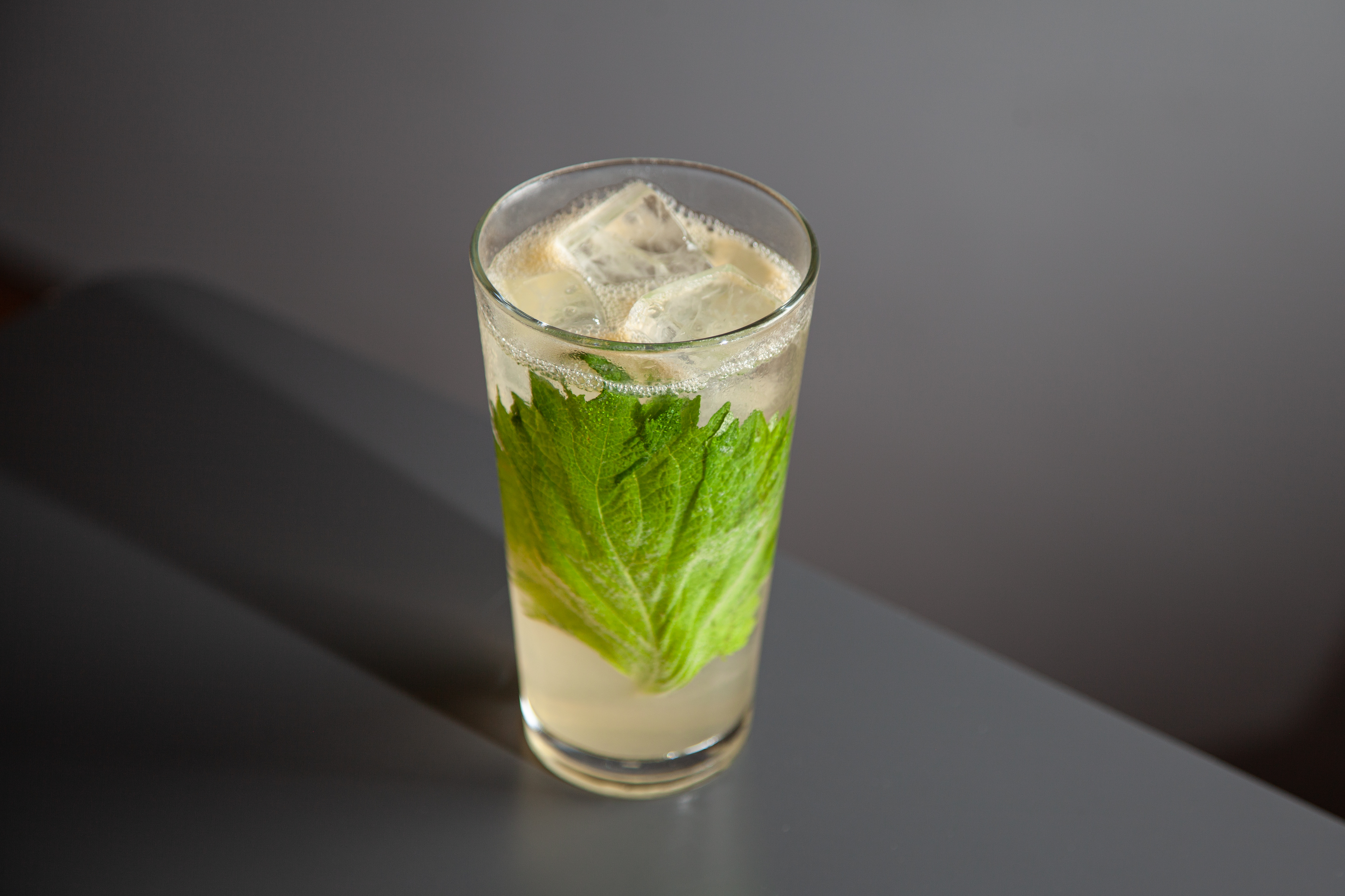 Drinque transparente em copo alto de vidro com folha grudada na lateral.