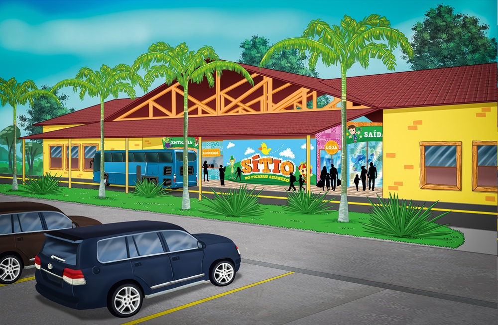 Um projeto em 3D mostra desenhos de a entrada de um espaço temático. Dá para ver o estacionamento, carros, um ônibus, árvores e a faixa escrito "Sítio do Picapau Amarelo"