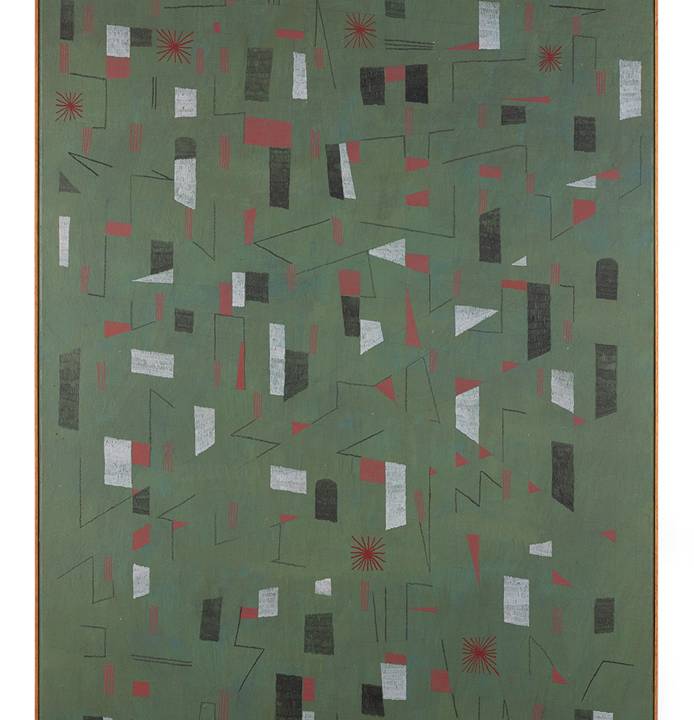 Imagem mostra pintura de fundo verde-musgo com traços geométricos pretos, vermelhos e brancos sobre o fundo.