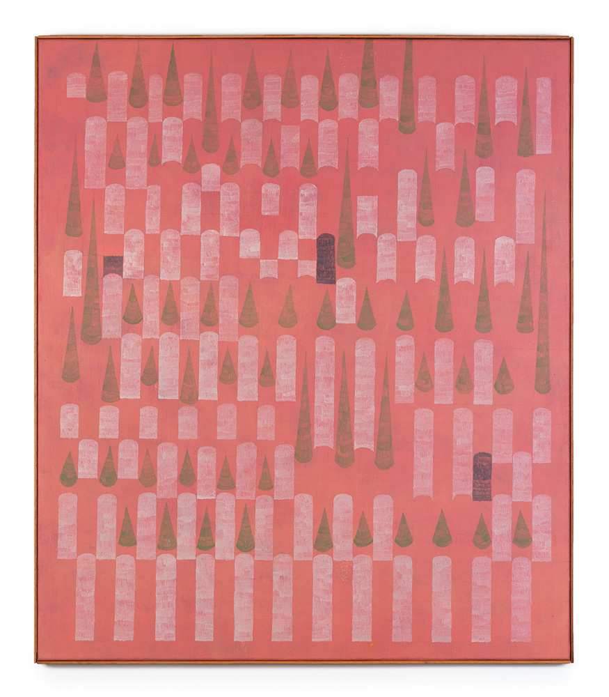 Imagem mostra pintura com fundo rosa e elementos em formato de cilindro ou cone, brancos e esverdeados, pintados sobre o fundo.