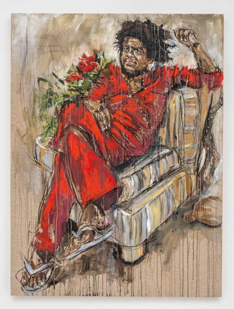 Uma pintura mostra o artista Moisés Patrício sentado em uma cadeira. Ele está todo de vermelho, é negro e tem rosas vermelhas por cima dele
