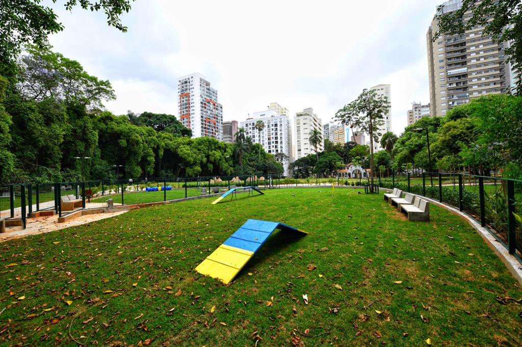 Parque Augusta (Alexandre Battibugli) (4) Obstáculos para pets aparecem em gramado.
