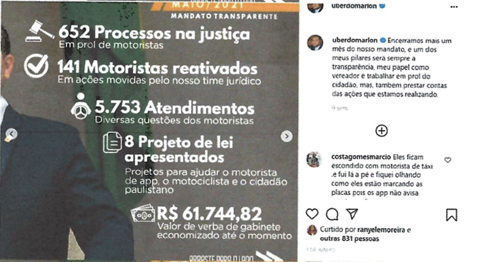 A imagem mostra uma postagem no Instagram comemorando ações bem sucedidas contra empresas de motoristas de aplicativos.