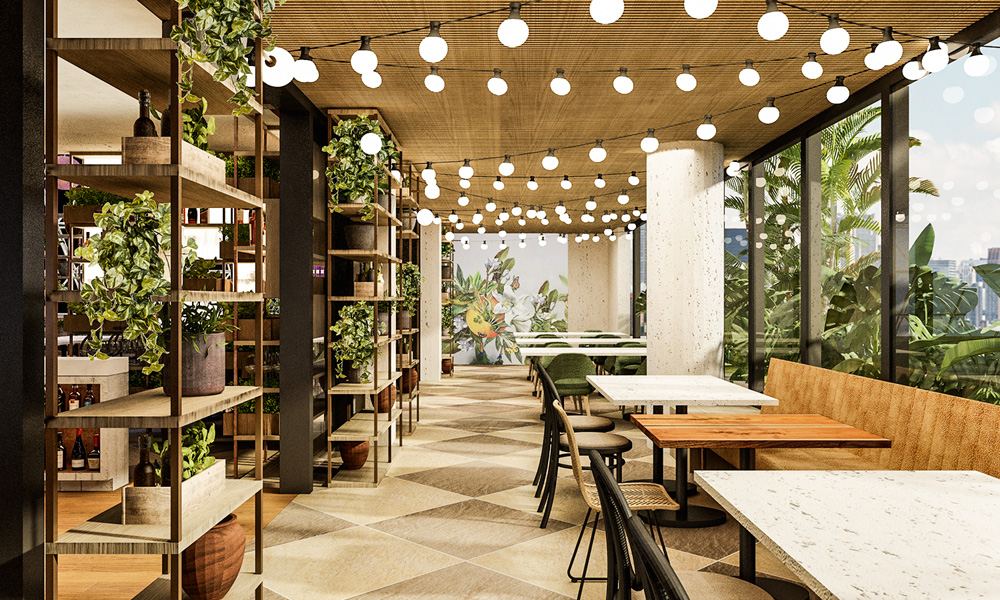 Ambiente de restaurante decorado por plantas expostas em prateleiras e por lâmpadas penduradas no teto