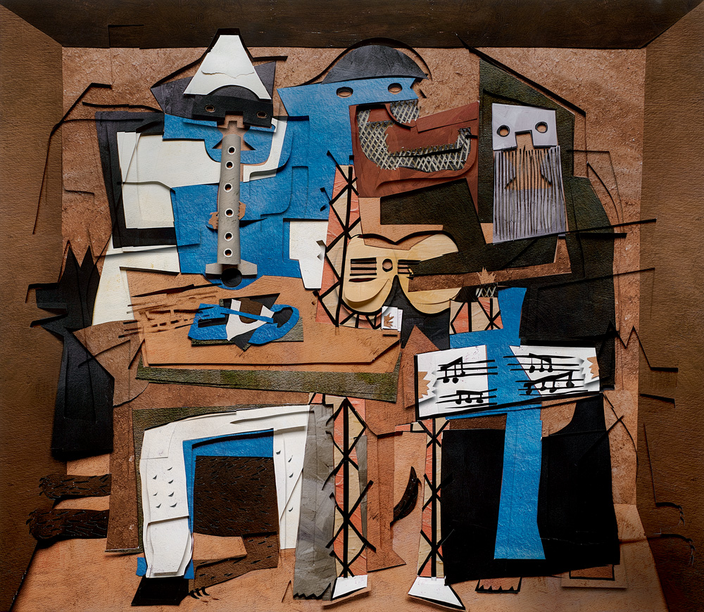 Foto mostra obra do artista Vik Muniz. Com aspectos cubistas, formas representam três 
