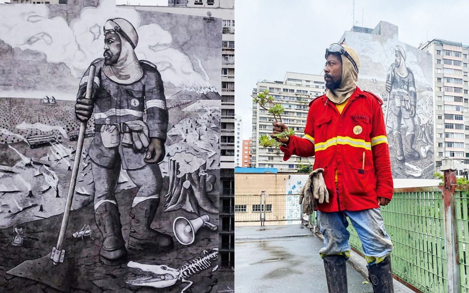 Vinícius-Curva-de-Vento-modelo-mural-gigante-mundano-o-lavrador-de-café-tinta-cinzas-de-biomas-brasileiros-crítica imagem dividida em duas, à esquerda, foto de mural que faz releitura de O Lavrador de Cagé, do Cândido Portinari. O mural, pintado em preto e branco, é gigante e está na lateral de um edifício no centro, à direita, o modelo da releitura, posando em prédio próximo ao mural na mesma posição que na pintura, segurando um pedaço de planta