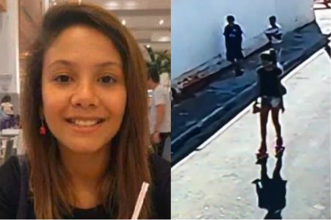 A imagem mostra o rosto de Vitória Gabrielly e, à direita, ela andando de patins, por uma câmera de segurança.