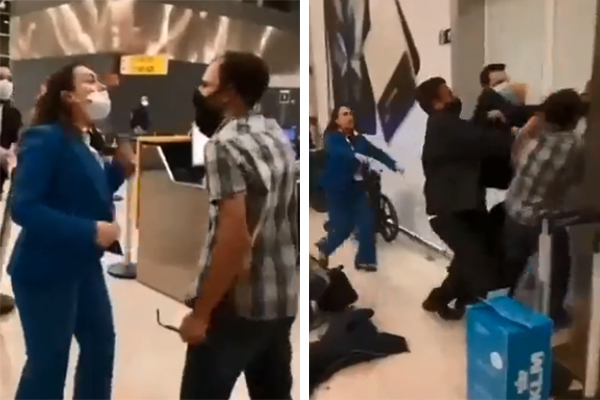 Imagem mostra dois frames de vídeo e que homem, mulher e segurança gritam e se batem