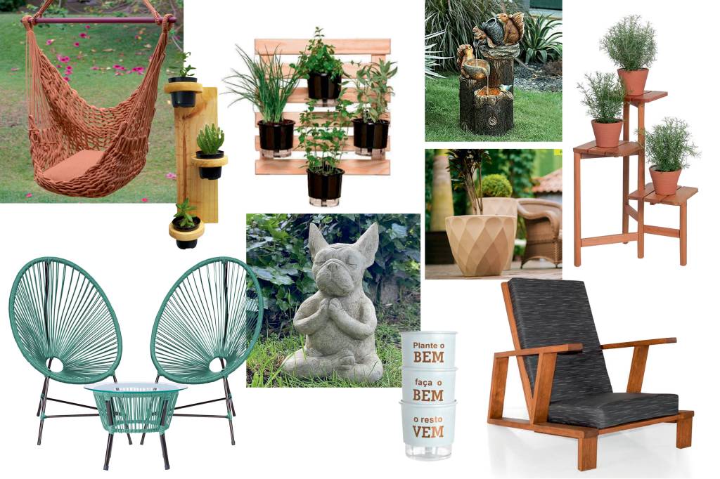 Uma montagem tem produtos para jardim. Uma rede, mesa e cadeiras, vasos horizontais e verticais, esculturas de animais, e uma poltrona