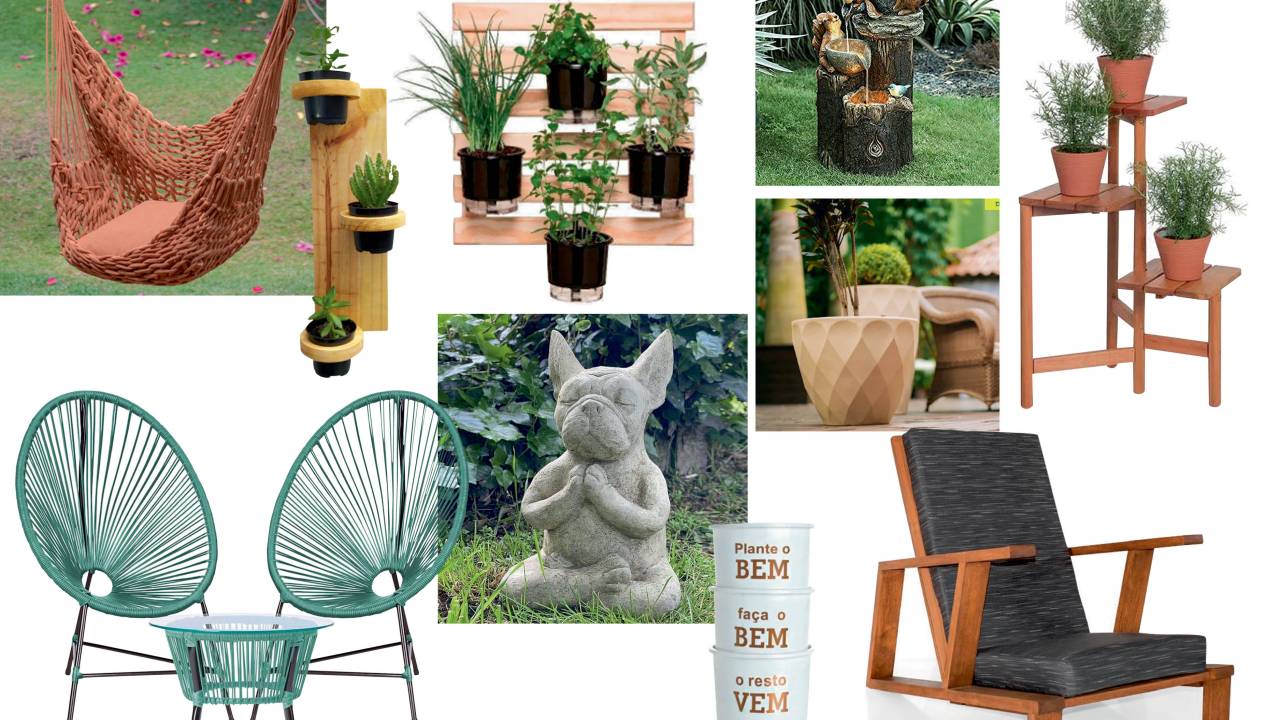 Uma montagem tem produtos para jardim. Uma rede, mesa e cadeiras, vasos horizontais e verticais, esculturas de animais, e uma poltrona