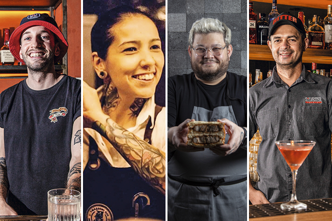 Santana Bar Quatro imagens verticais unidas por linhas finas brancas. Da esquerda para a direita: os bartenders Lula Mascella e Ingrid Shindo, o cozinheiro Thiago Bañares e o bartender Rogerio Frajola.