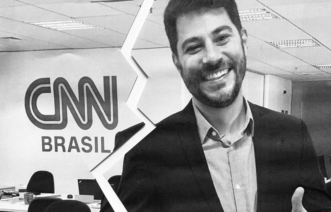 Montagem de foto em que mostra um homem de terno e barba em frente ao logo da CNN Brasil. No meio da foto, um rasgo, como se a foto tivesse sido rasgada.