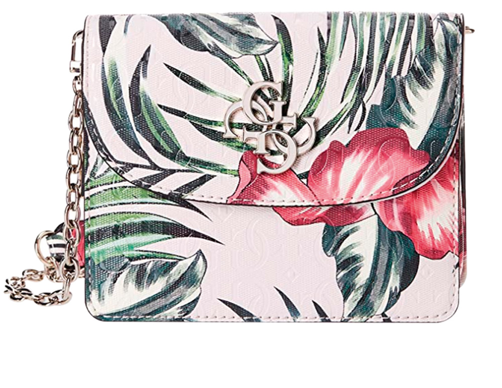 floral.png Bolsa pequena retangular tem fundo branco e várias plantas verdes pela estampa. Há também uma flor rosa perto do local que abre a bolsa