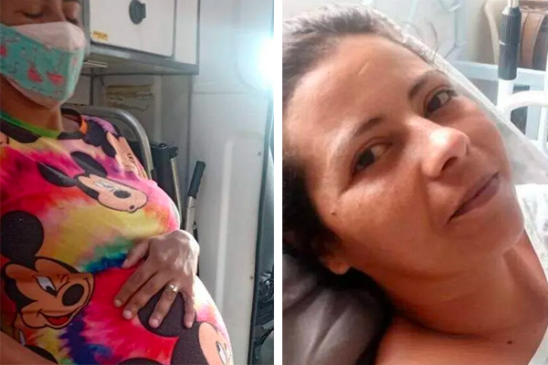 Imagem mostra, à direita, Elza deitada olhando para a câmera. À esquerda, ela segura a barriga inchada pelo tumor, usando máscara e de olhos fechados