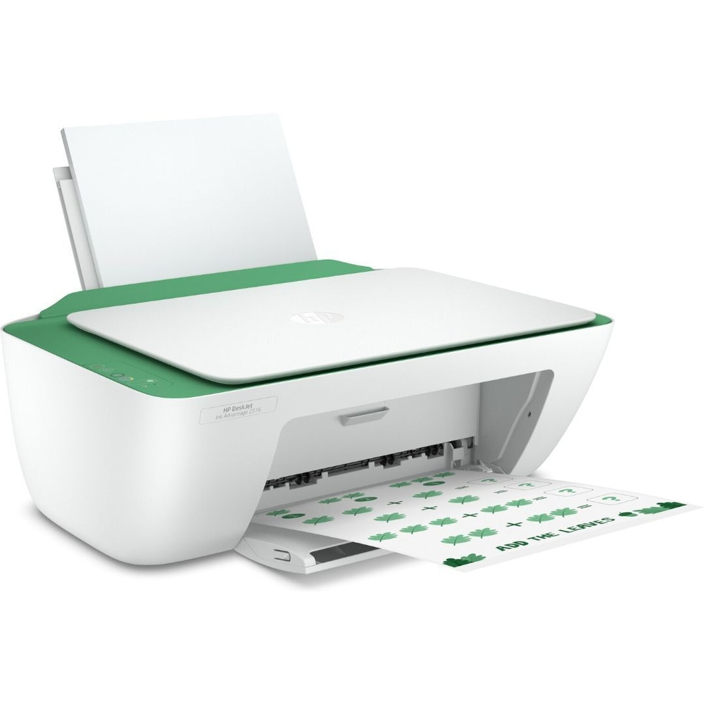 Uma impressora branca com detalhe em verde