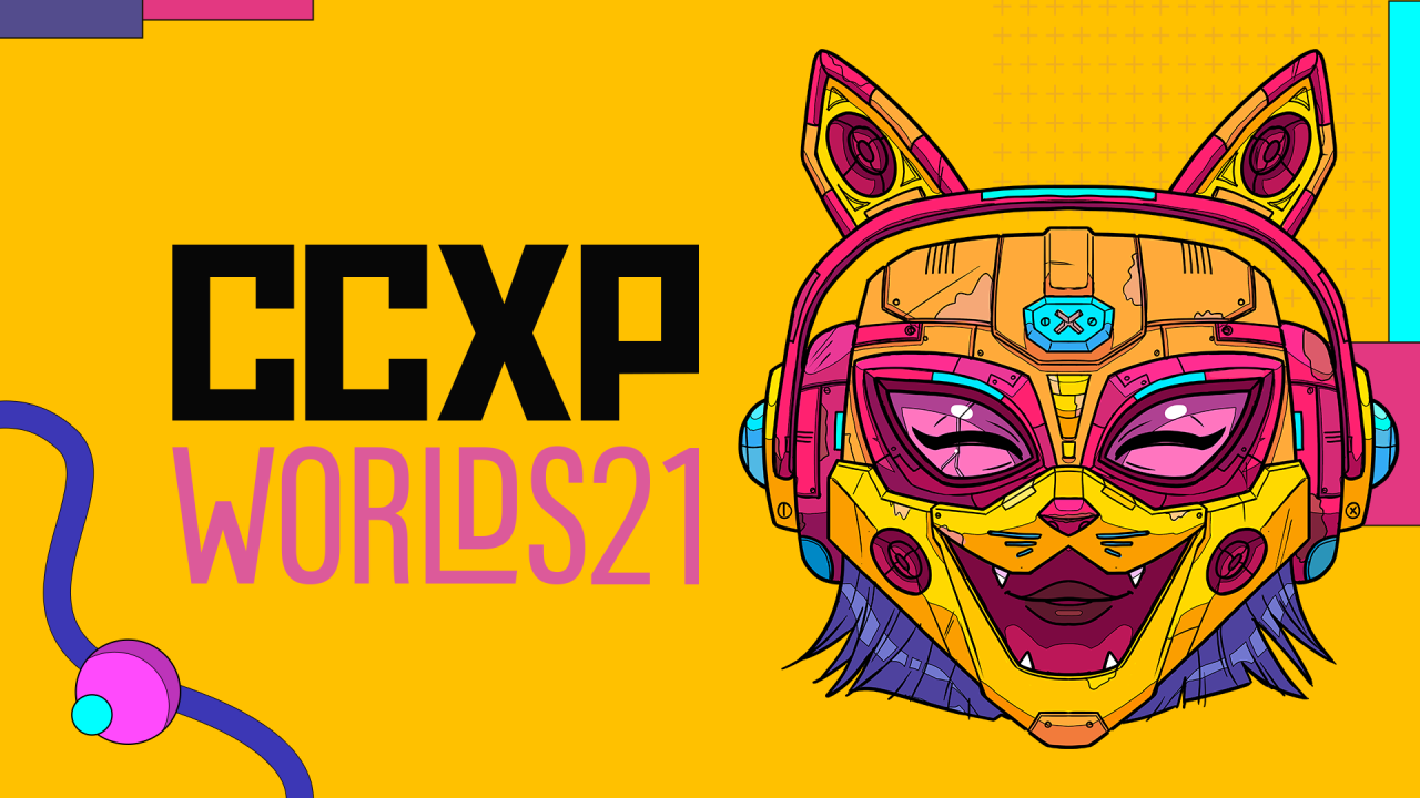 Imagem mostra ilustração de mulher-gato e logo da CCXP Worlds 2021