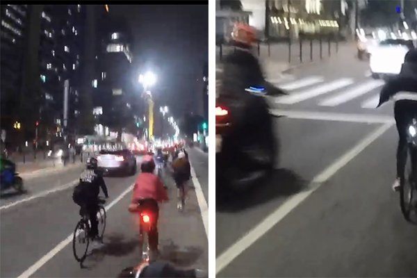 Montagem mostra dois frames de vídeo do ataque contra grupo de mulheres ciclistas; à esquerda, mulheres pedalam na lateral direita de pista da Paulista. À direita, motoqueiro passa perto do grupo