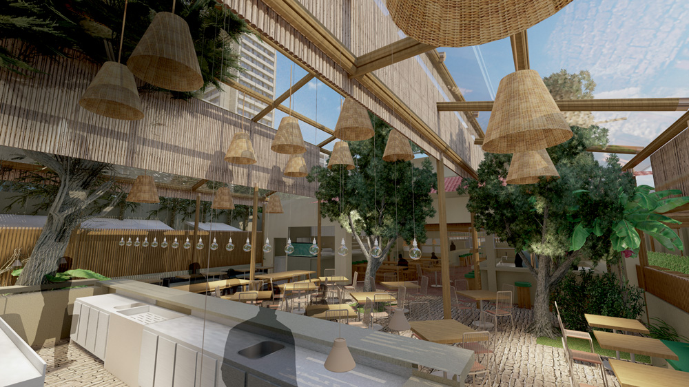 Ambiente externo do restaurante Churrascada do Mar com árvores, lâmpadas suspensas e luminárias pendentes de palha