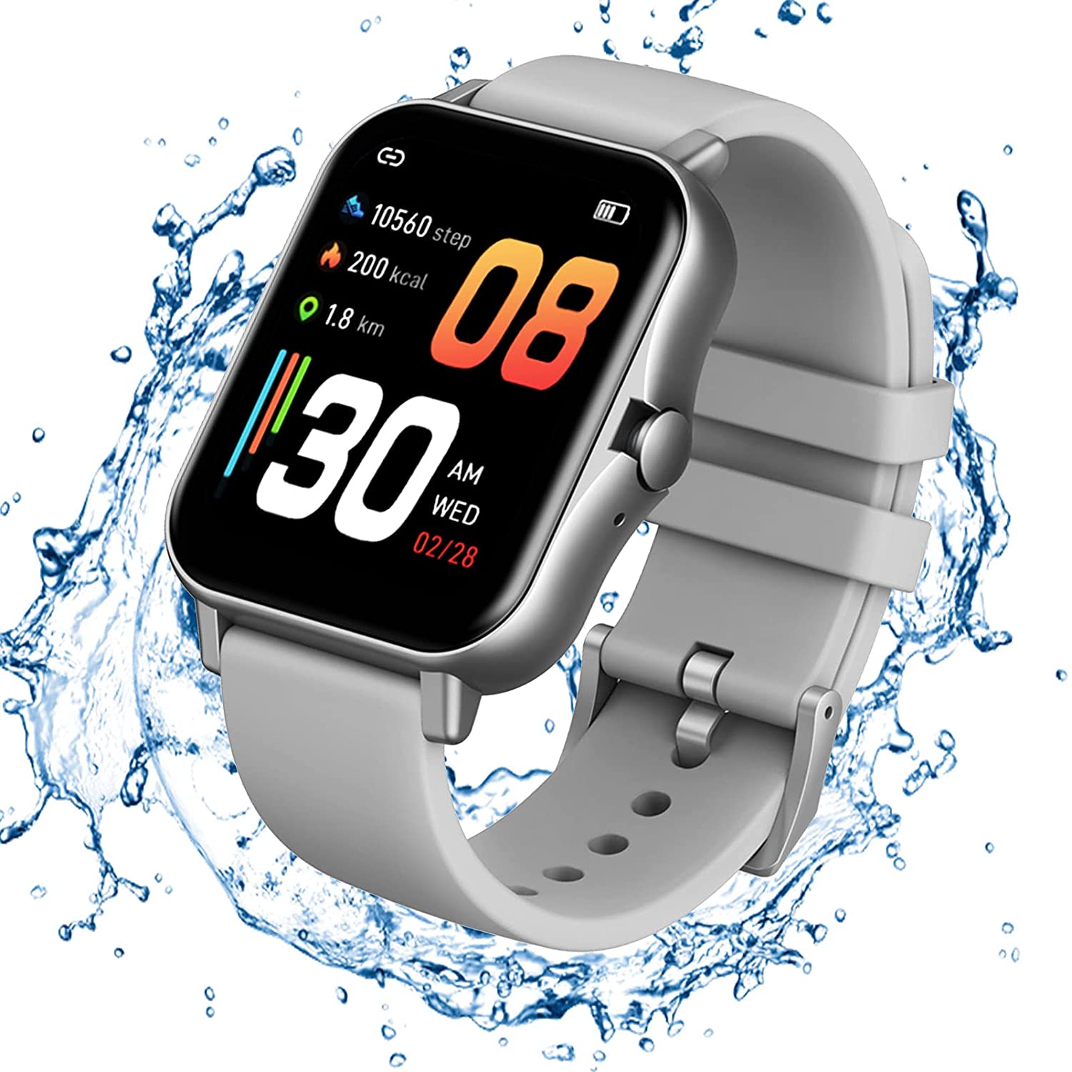 Um relógio smartwatch prata com águas de efeito em volta