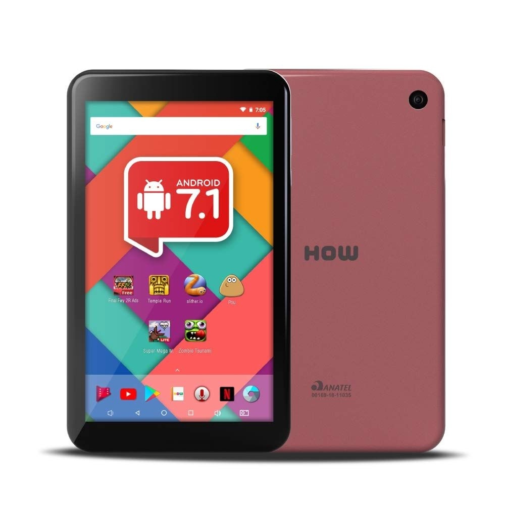 Um tablet rosa de costas e, de frente, ele na tela inicial