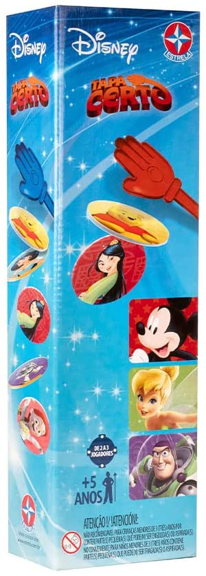 Uma caixa alta e fina estampada com personagens como o Mickey, Mulan, Tinker Bell e outros da Disney