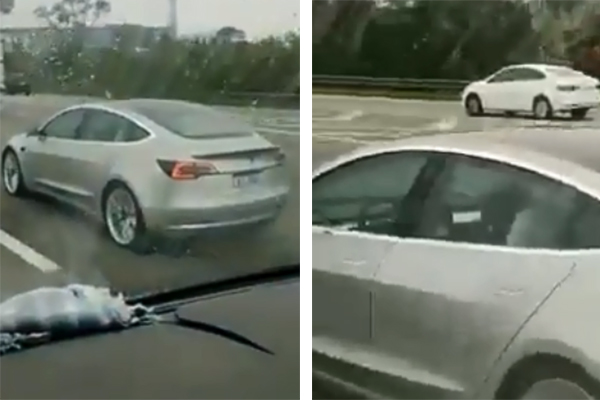 Imagem mostra dois frames de vídeo que exibe carro em Rodovia: motorista está com o banco reclinado para trás