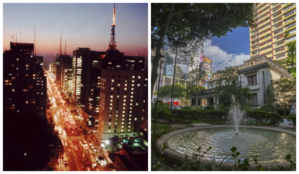 Foto dividida em dois espaços. No primeiro, vista aérea da Avenida Paulista. Na segunda, fonte da Casa das Rosas